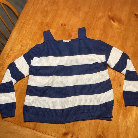 It’s Our Time Blue White Striped Cold Shoulder Sweater - Picture 3 of 12